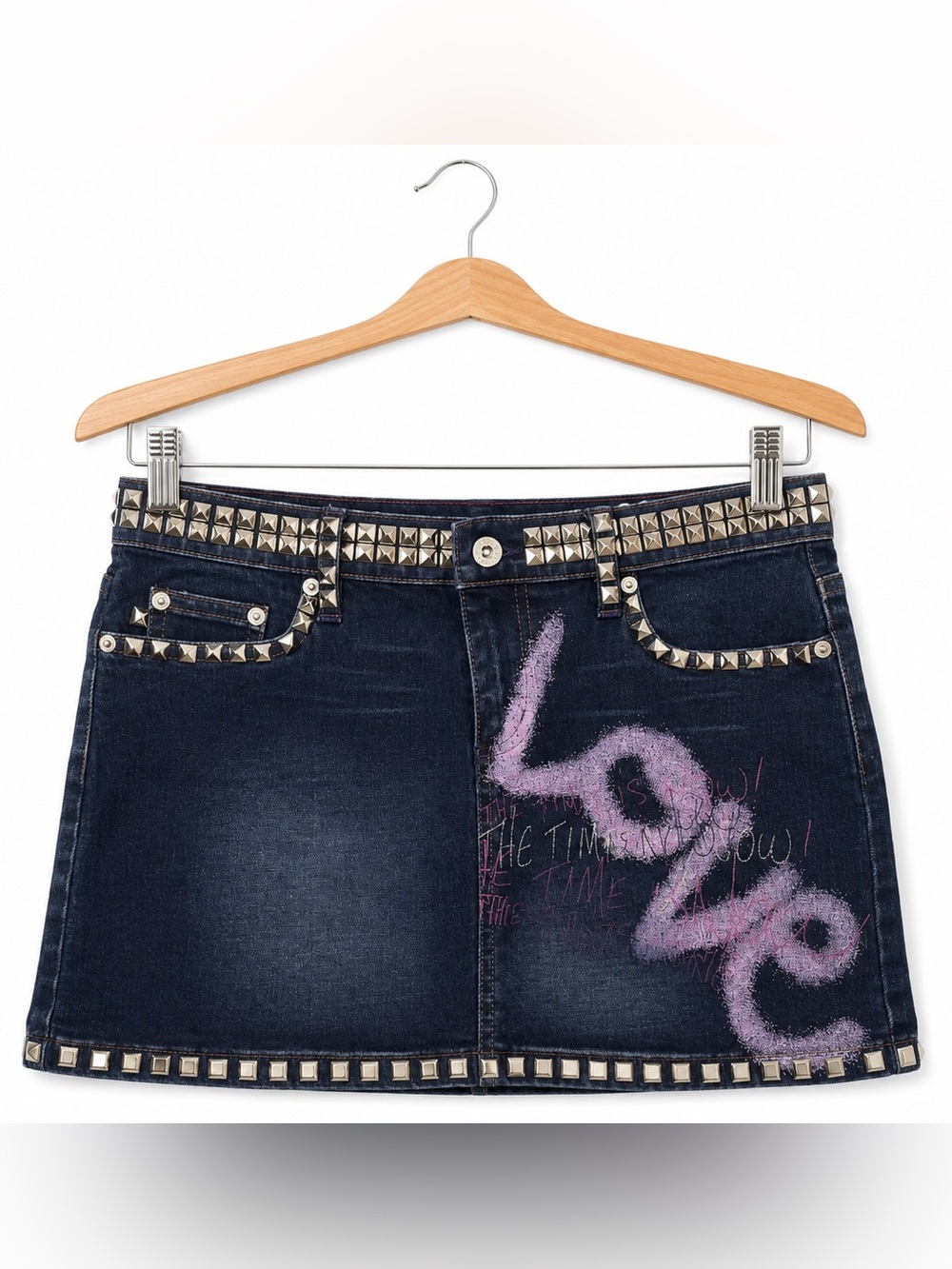 Express Y2K Dark Wash Studded Denim Mini Skirt 3/4 Low Rise Love Graffiti Punk